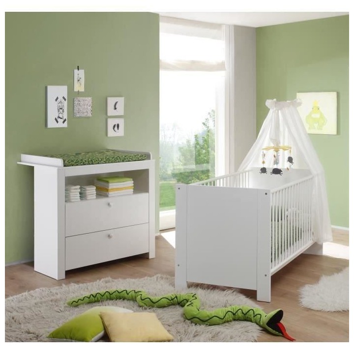 Chambre bébé Duo : Lit 70 x 140 cm + Commode a langer OLIVIA - Blanc