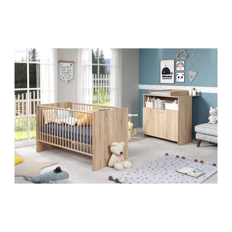 Chambre bébé duo NIKO - Lit 70x140 cm + Commode a langer 2 portes - Décor chene naturel - TRENDTEAM