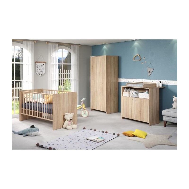 Chambre bébé trio NIKO - Lit 70x140 cm + Commode a langer 2 portes + Armoire 2 portes - Décor chene naturel - TRENDTEAM