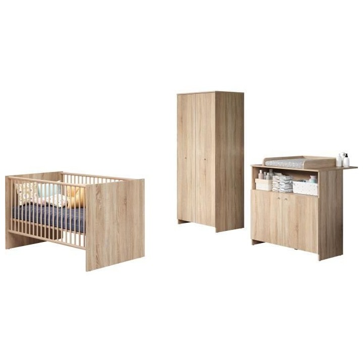 Chambre bébé trio NIKO - Lit 70x140 cm + Commode a langer 2 portes +