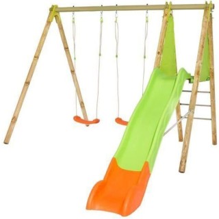 Portique bois et métal - 2,30m - 2 balançoires et 1 toboggan 2,63m -
