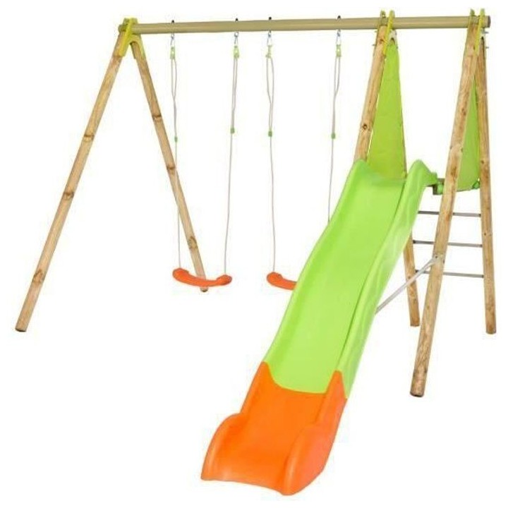 Portique bois et métal - 2,30m - 2 balançoires et 1 toboggan 2,63m -