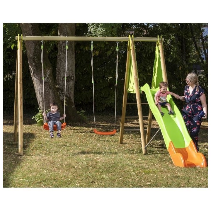 Portique bois et métal - 2,30m - 2 balançoires et 1 toboggan 2,63m -