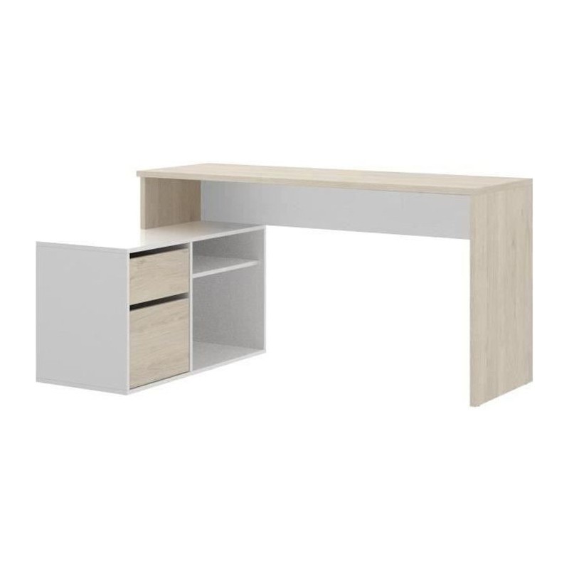 Bureau d'angle réversible avec rangement - Décor chene et blanc - Essentiel - L 139 x P 92 x H 75 cm