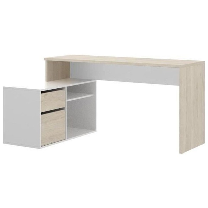 Bureau d'angle réversible avec rangement - Décor chene et blanc - Es
