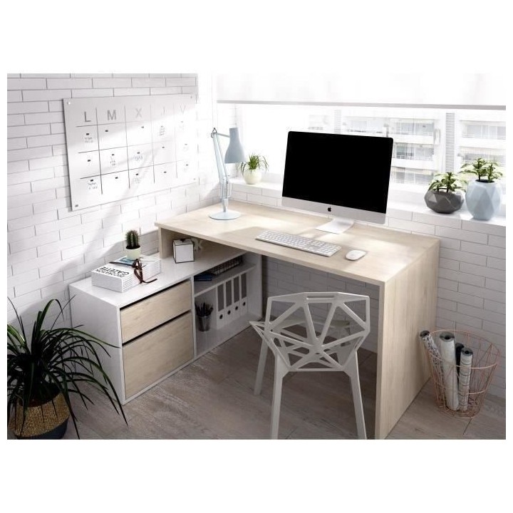 Bureau d'angle réversible avec rangement - Décor chene et blanc - Es