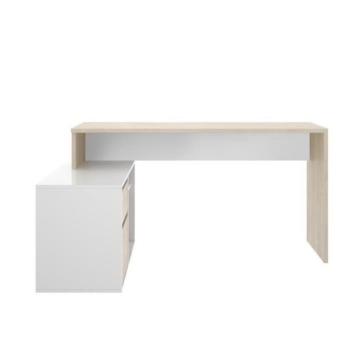Bureau d'angle réversible avec rangement - Décor chene et blanc - Es