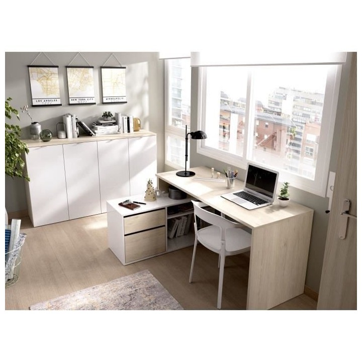 Bureau d'angle réversible avec rangement - Décor chene et blanc - Es
