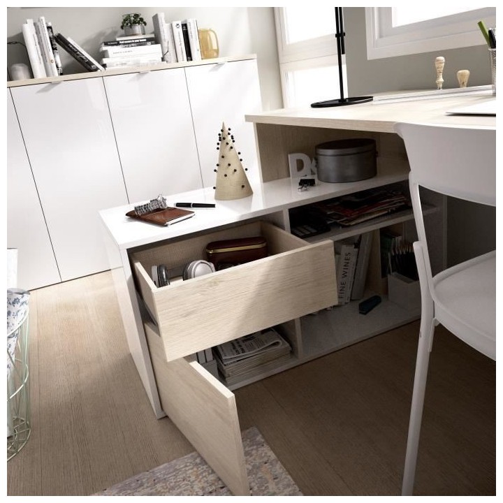 Bureau d'angle réversible avec rangement - Décor chene et blanc - Es