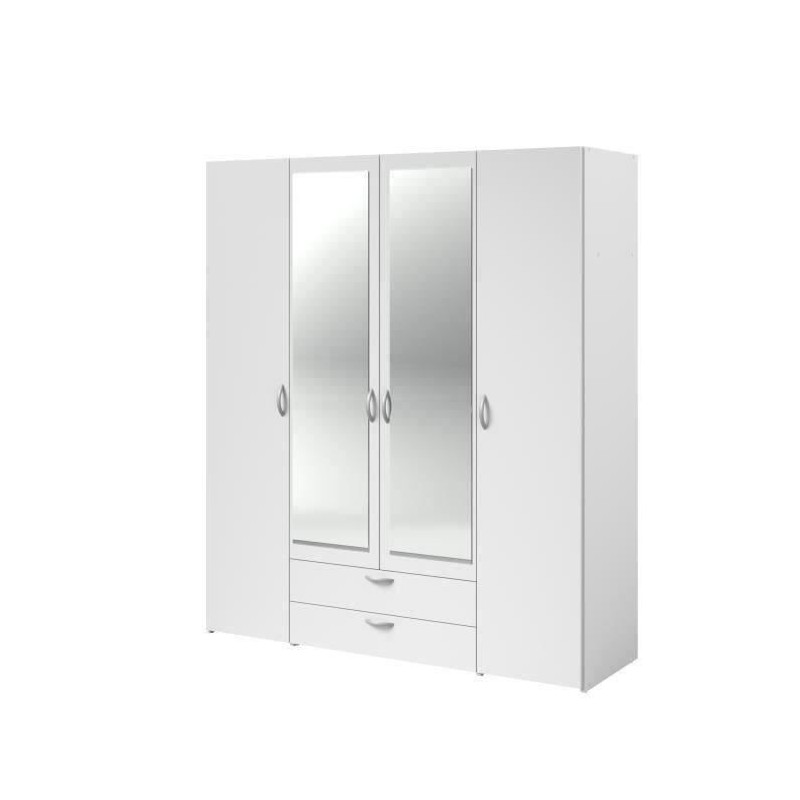 Armoire VARIA - Décor blanc - 4 portes battantes + 2 miroirs + 2 tiroirs - L 160 x H 185 x P 51 cm - PARISOT