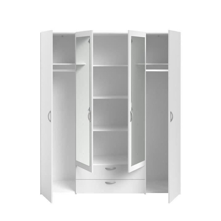 Armoire VARIA - Décor blanc - 4 portes battantes + 2 miroirs + 2 tiro