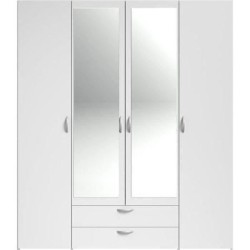 Armoire VARIA - Décor blanc - 4 portes battantes + 2 miroirs + 2 tiroirs - L 160 x H 185 x P 51 cm - PARISOT