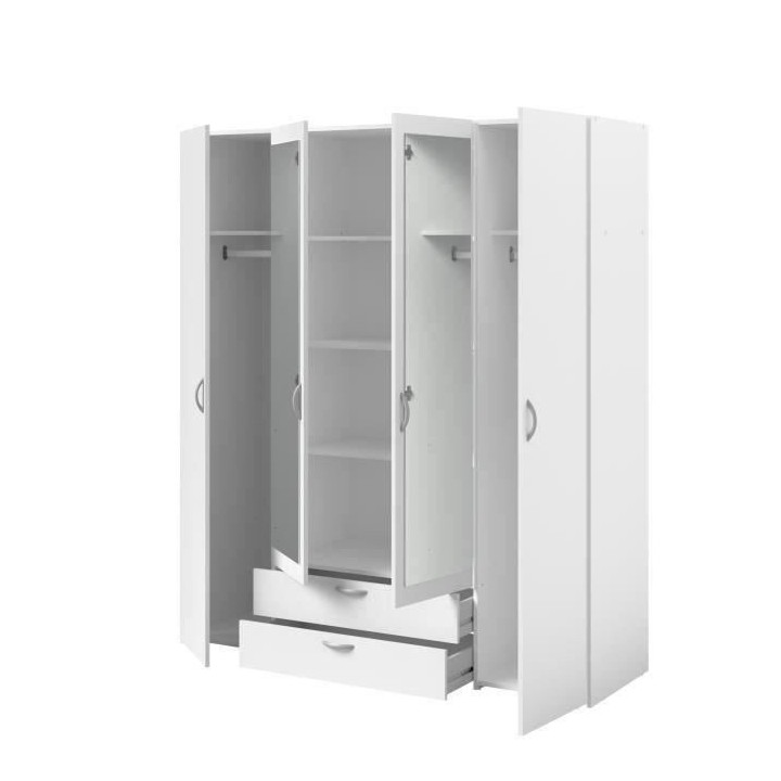 Armoire VARIA - Décor blanc - 4 portes battantes + 2 miroirs + 2 tiro