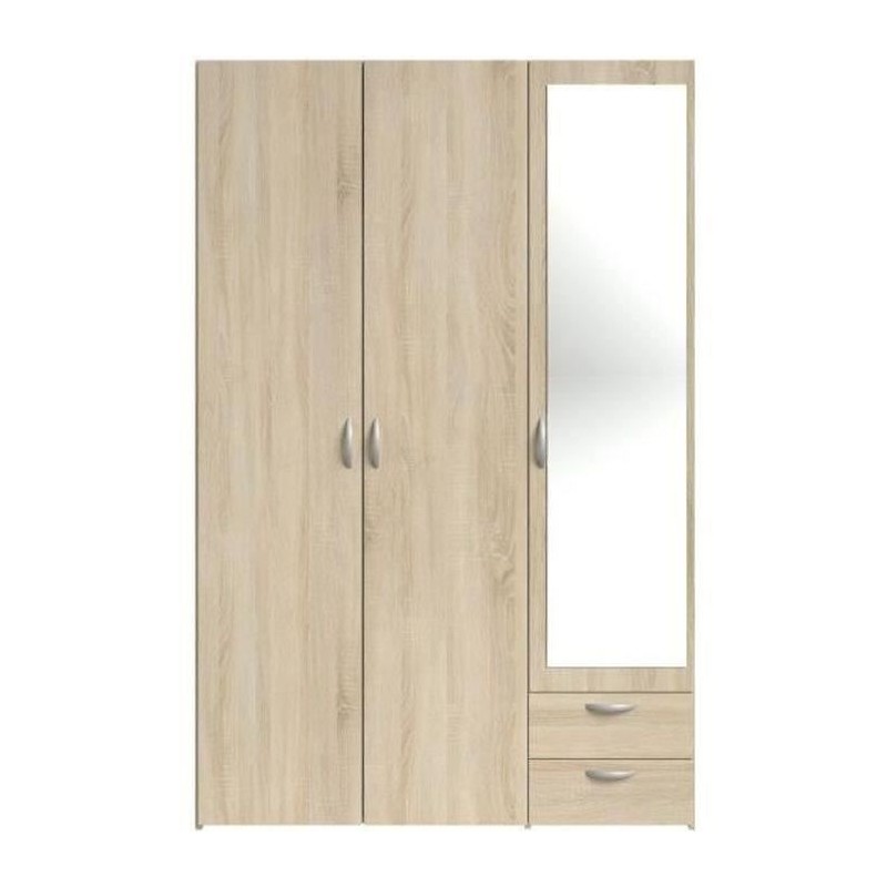 Armoire VARIA - Décor chene - 3 portes + miroir + 2 tiroirs - L 120 x H 185 x P 51 cm - PARISOT