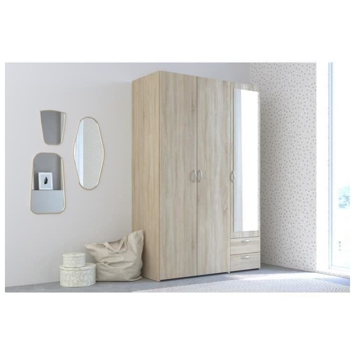 Armoire VARIA - Décor chene - 3 portes + miroir + 2 tiroirs - L 120 x