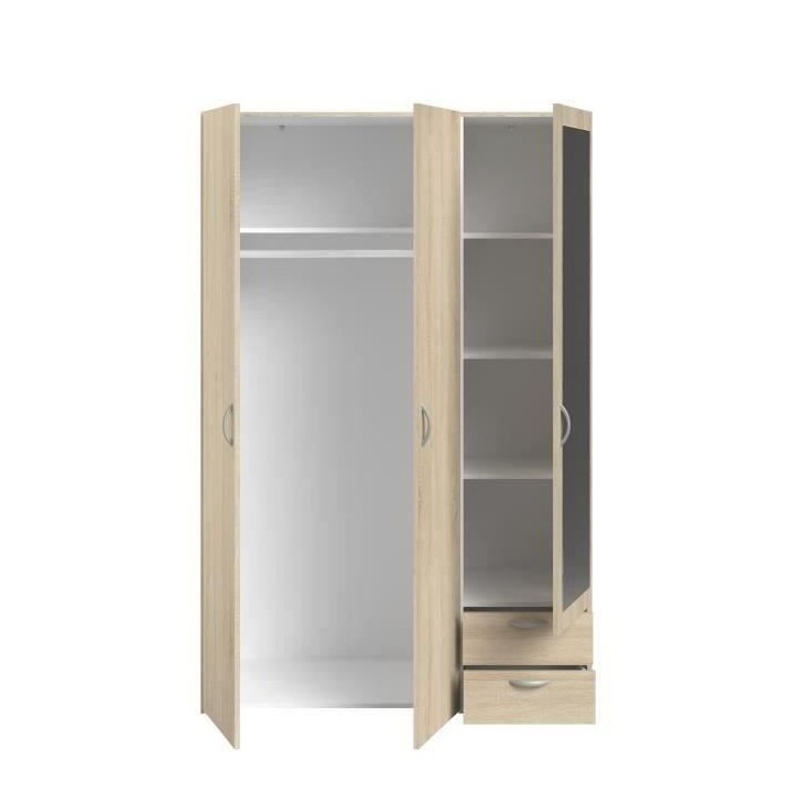 Armoire VARIA - Décor chene - 3 portes + miroir + 2 tiroirs - L 120 x