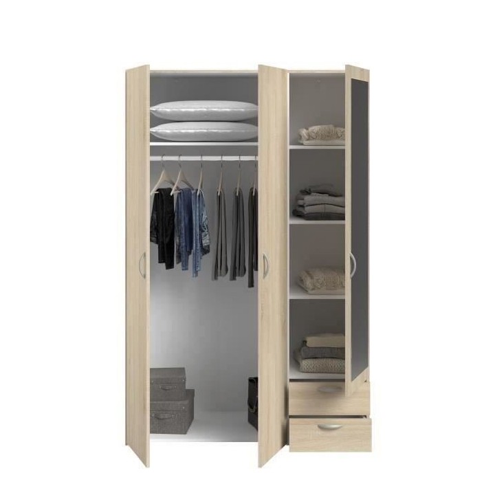 Armoire VARIA - Décor chene - 3 portes + miroir + 2 tiroirs - L 120 x