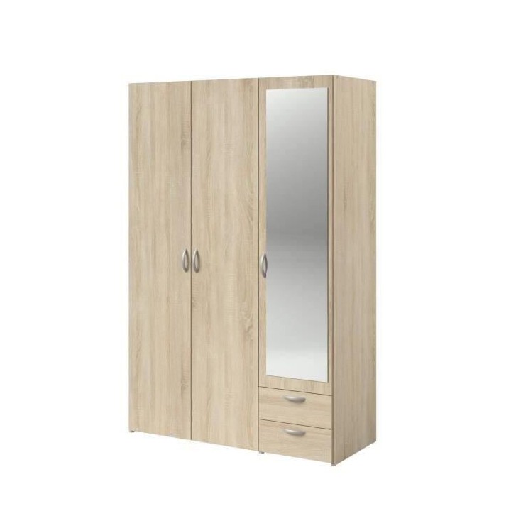 Armoire VARIA - Décor chene - 3 portes + miroir + 2 tiroirs - L 120 x