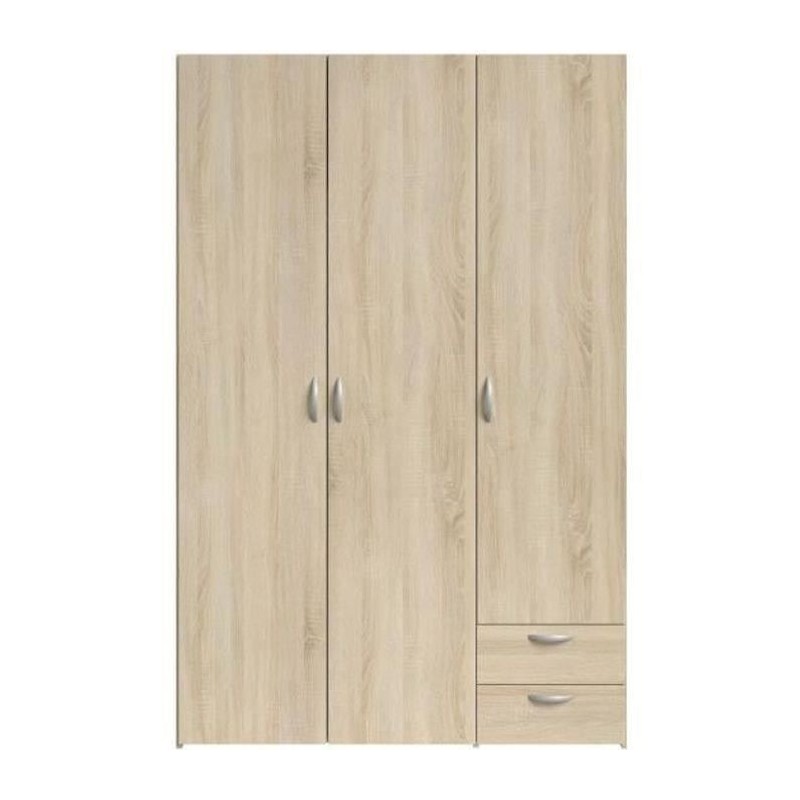 Armoire VARIA - Décor chene - 3 portes battantes + 2 tiroirs - L 120 x H 185 x P 51 cm - PARISOT