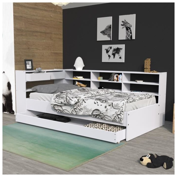 WEBER Lit enfant contemporain blanc laqué - Sommier inclu - l 90 x L