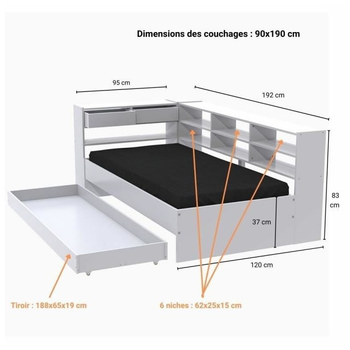 WEBER Lit enfant contemporain blanc laqué - Sommier inclu - l 90 x L