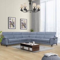 Canapé d'angle panoramique relax électrique - MELBOURNE - Tissu bleu clair - L 293 x P 299 x H 99 cm