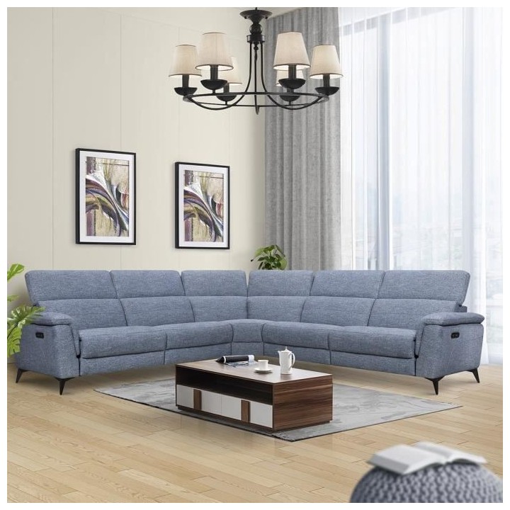 Canapé d'angle panoramique relax électrique - MELBOURNE - Tissu bleu