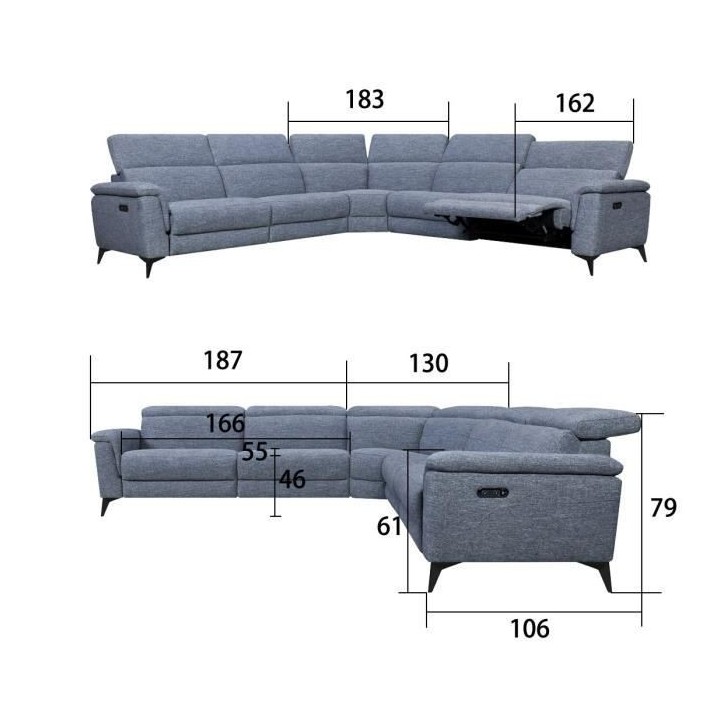 Canapé d'angle panoramique relax électrique - MELBOURNE - Tissu bleu