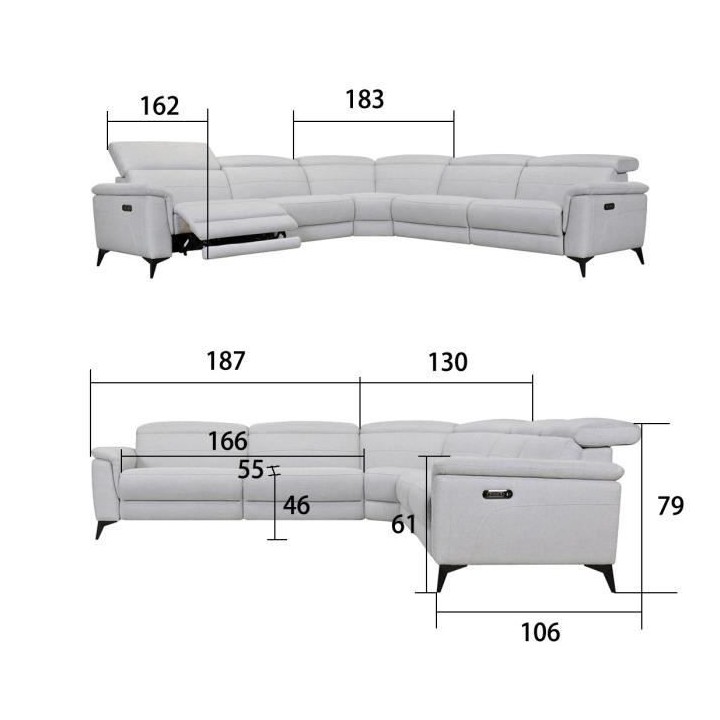 Canapé d'angle Panoramique avec 2 places relax électriques - Tissu g