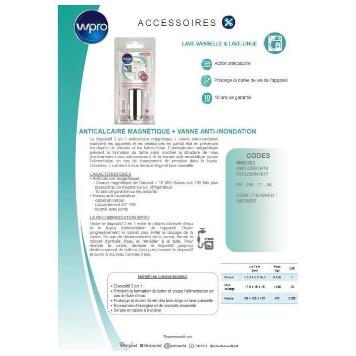 MWB103 Anticalcaire magnétique + Vanne anti débordements