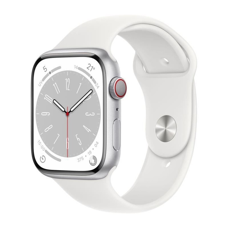 Apple Watch Series 8 GPS + Cellular - 45mm - Boîtier Silver Aluminium - Bracelet White Sport Band - Regular