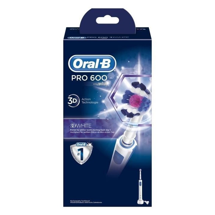 Oral-B PRO 600 Brosse a Dents Électrique Rechargeable, 1 Manche, 1 Br