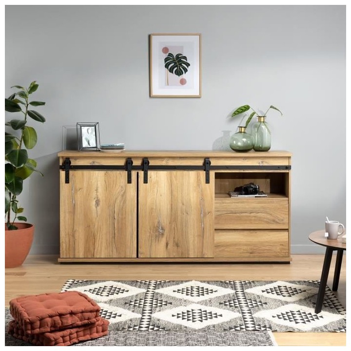 Buffet - Décor chene - 2 portes coulissantes + 2 tiroirs - MANZANO -