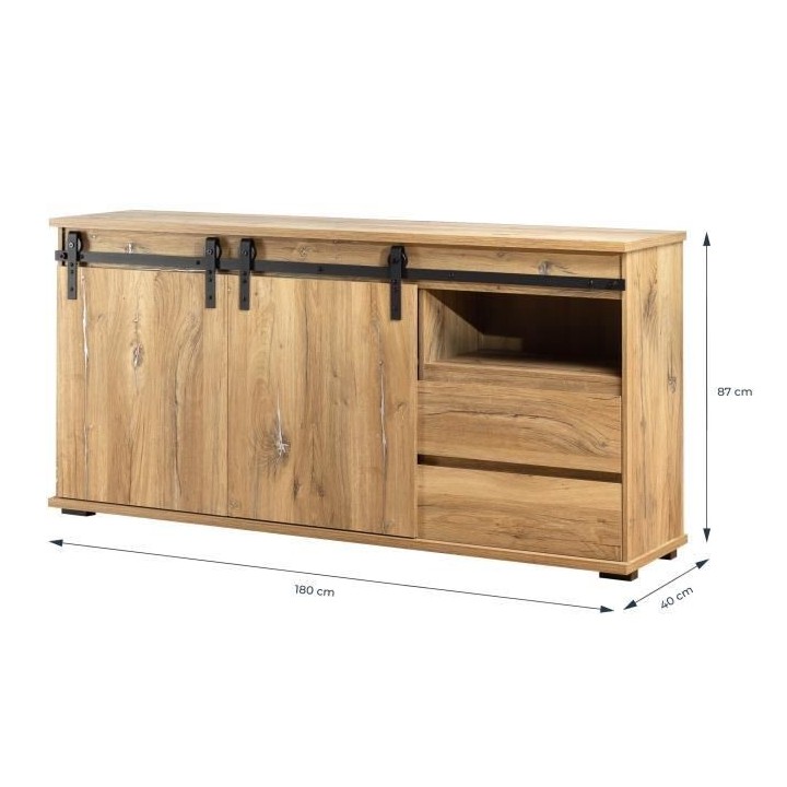 Buffet - Décor chene - 2 portes coulissantes + 2 tiroirs - MANZANO -