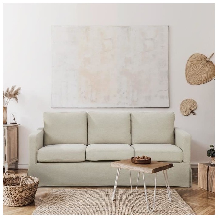LYNN Canapé 3 places - Tissu Beige - Pieds bois naturel - L 190 x P 8