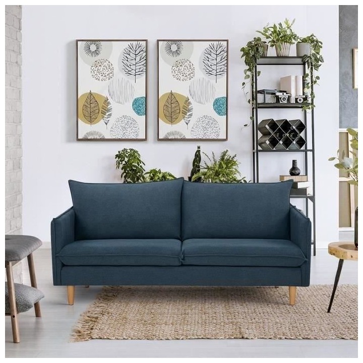Canapé 2 places - Tissu bleu foncé - L 175 x P 82 x 84 cm - MARLON -