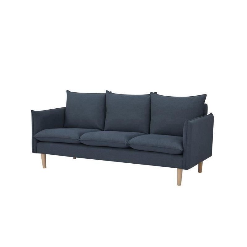 Canapé 3 places - Tissu Bleu jeans - Pieds bois naturel - L 188 x P 82 x H 84 cm - MARLON