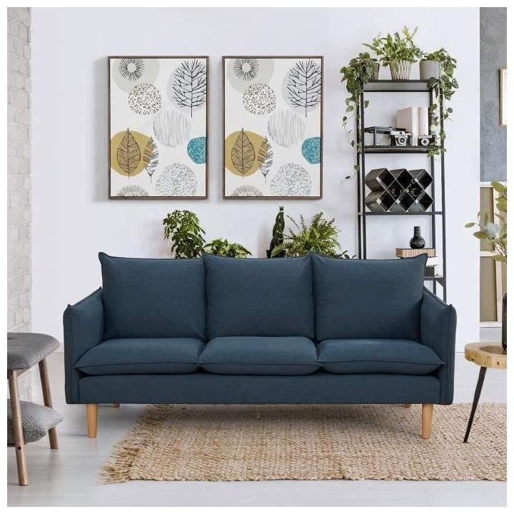 Canapé 3 places - Tissu Bleu jeans - Pieds bois naturel - L 188 x P 8