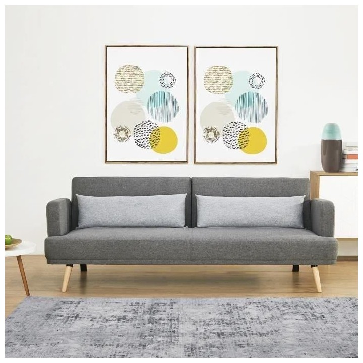 SELENA Canapé convertible - Tissu Gris - Pieds bois naturel - L 214 x