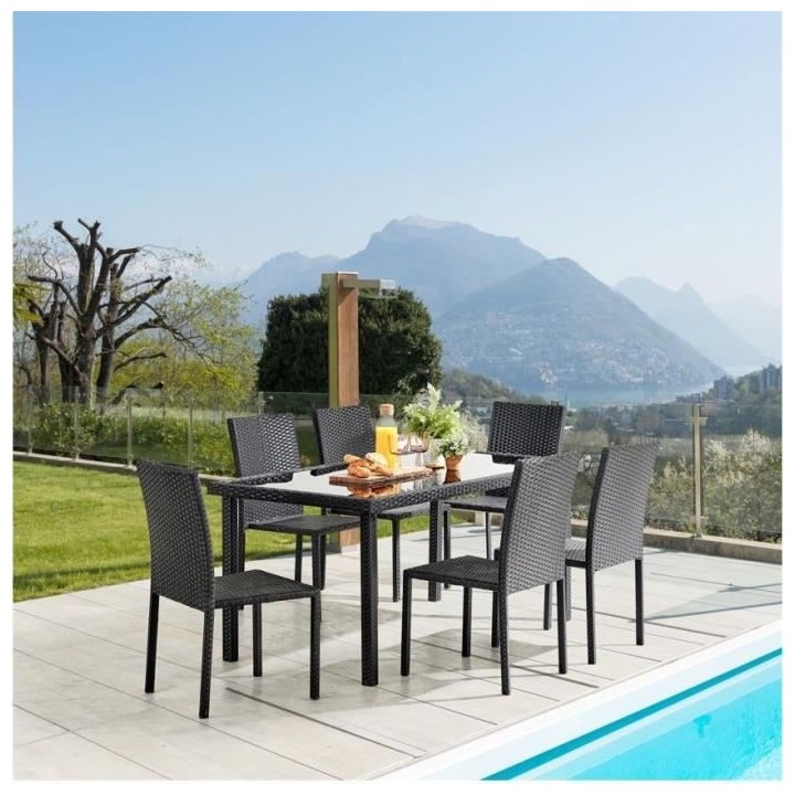 Ensemble repas de jardin - table en verre trempé et 6 chaises en rés
