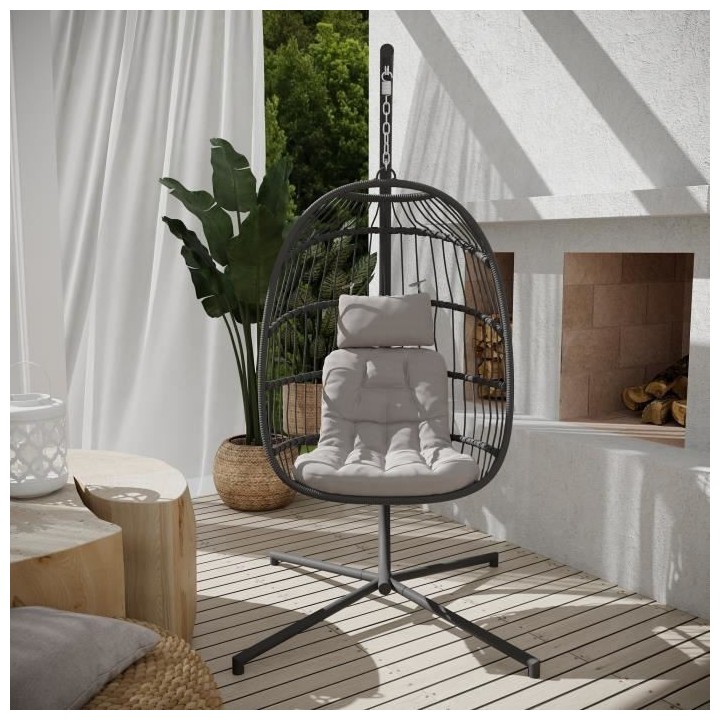 Fauteuil suspendu en résine tressée avec coussins et support - 1 per