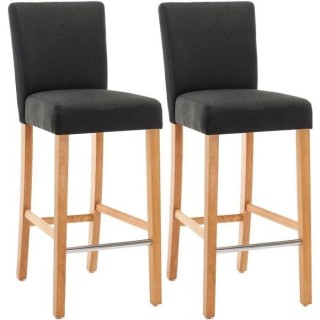 AKSEL Lot de 2 tabourets de bar - Pied bois naturel - Tissu gris fonc