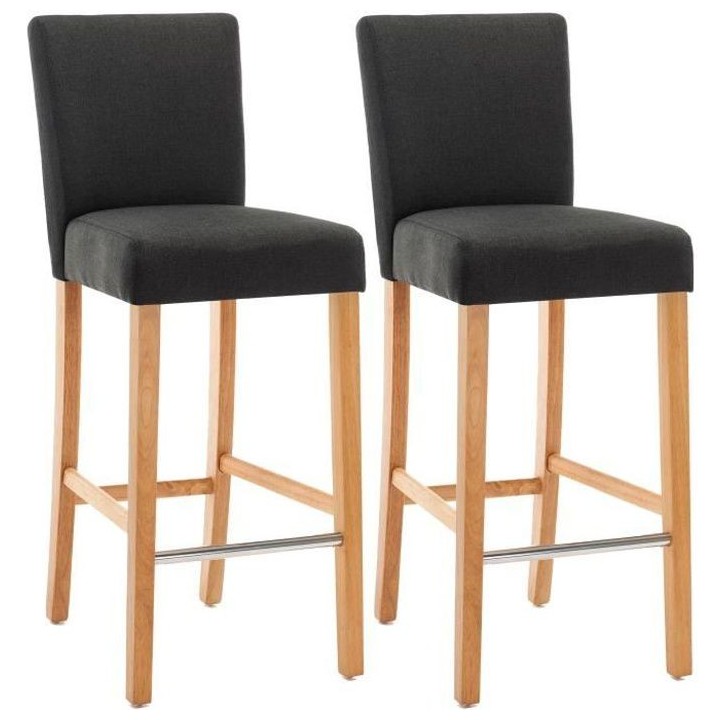 AKSEL Lot de 2 tabourets de bar - Pied bois naturel - Tissu gris fonc