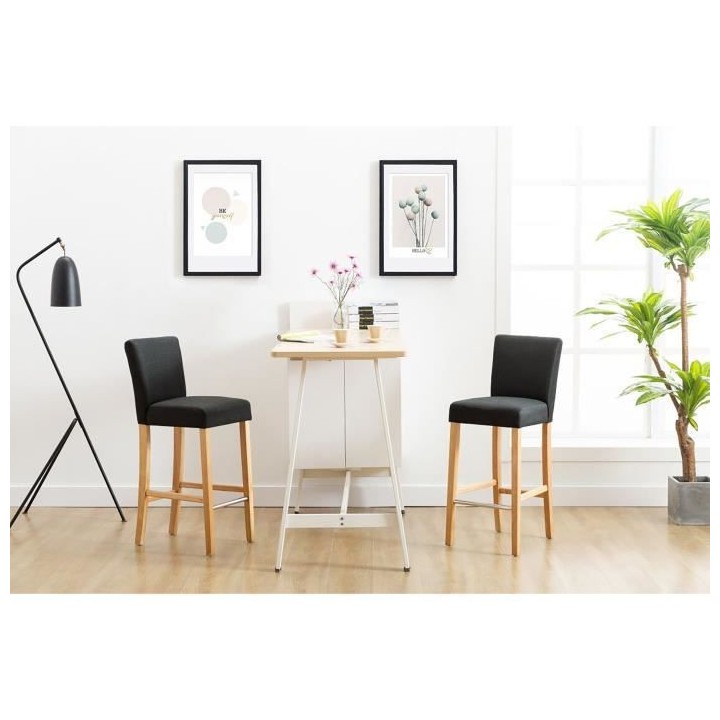 AKSEL Lot de 2 tabourets de bar - Pied bois naturel - Tissu gris fonc