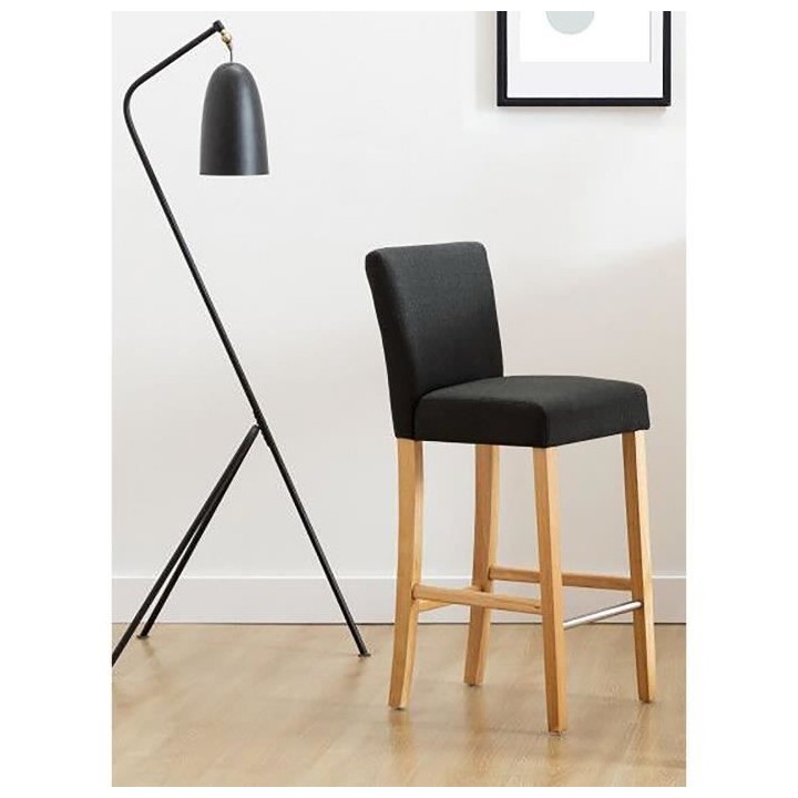 AKSEL Lot de 2 tabourets de bar - Pied bois naturel - Tissu gris fonc