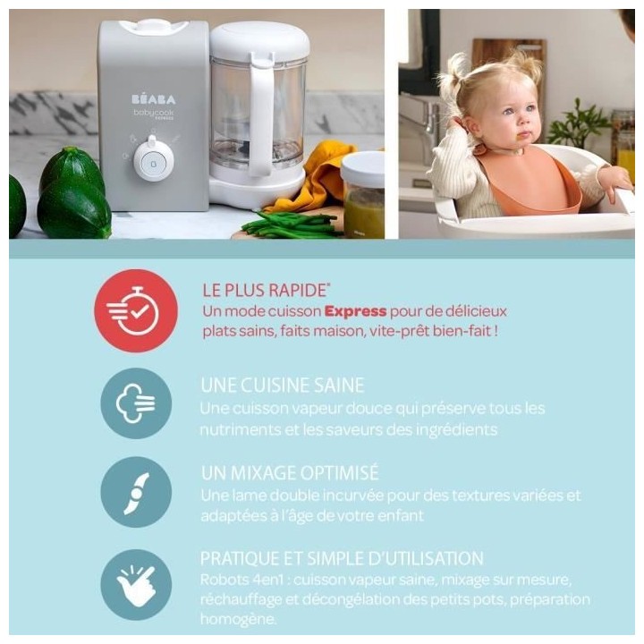 BEABA, Babycook Express, Robot Bébé 4 en 1 Mixeur-Cuiseur, Gris Velo