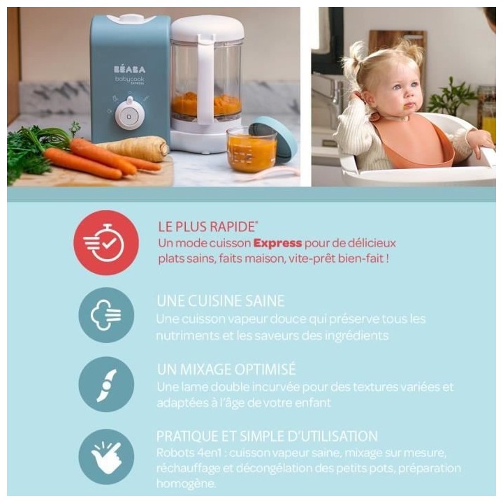 BEABA, Babycook Express, Robot Bébé 4 en 1 Mixeur-Cuiseur, Bleu Balt