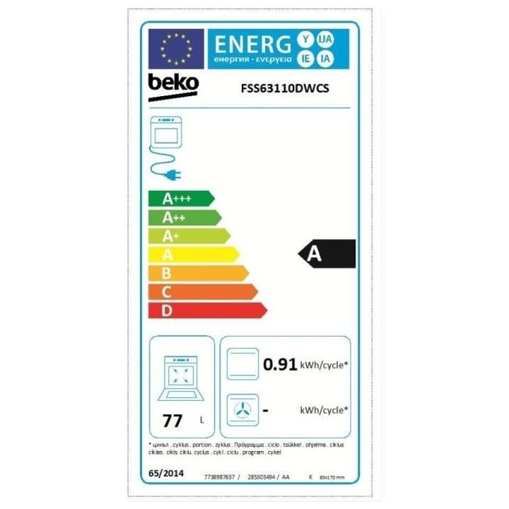 Cuisiniere gaz + électrique BEKO - FSS63110DWCS - 4 feux (3 Gaz et 1