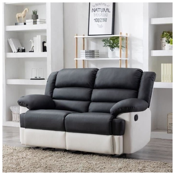 Canapé 2 places relax manuel - Simili blanc et gris - L 163 x P 102 x