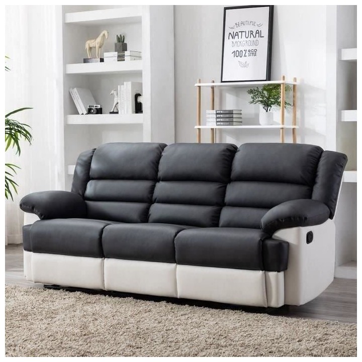 Canapé 3 places dont 2 places relax manuel - Simili Blanc et gris - L